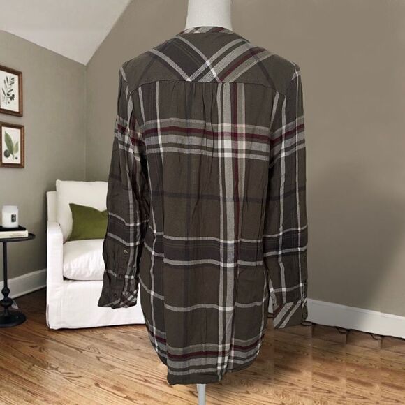 Universal Thread Olive Plaid Flannel High Low Tunic Top Sz M - Picture 5 of 11